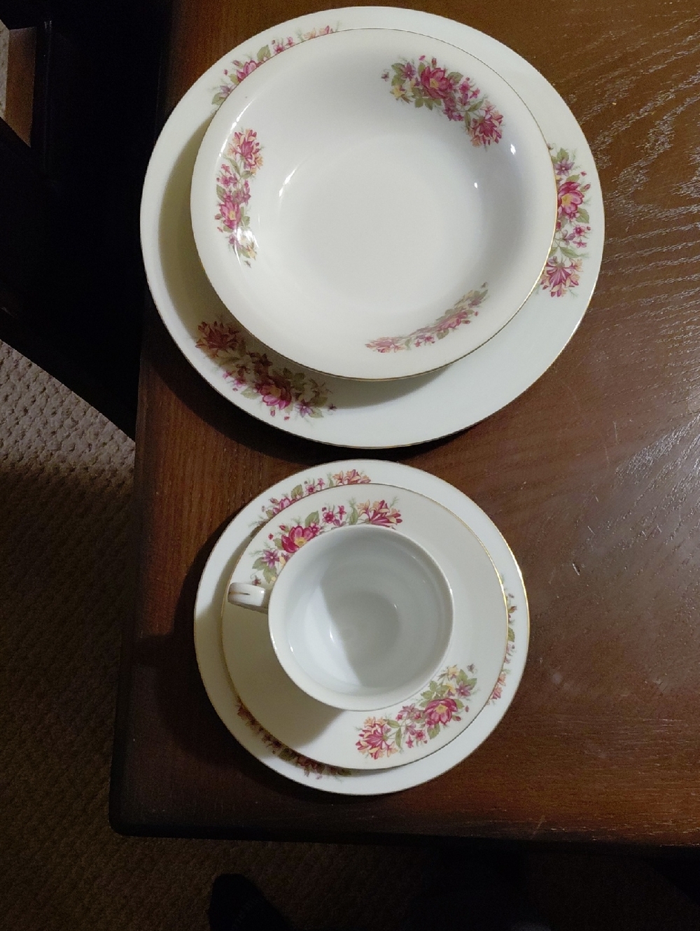 Vintage Porcelain Classic Floral Dinnerware Set - White with Pink Floral Accents